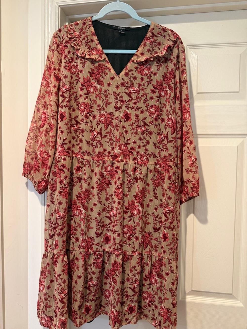 Babydoll Autumn Fairy Western Tan Floral Tier lined Mini 3/4 Sleeve Dress 14